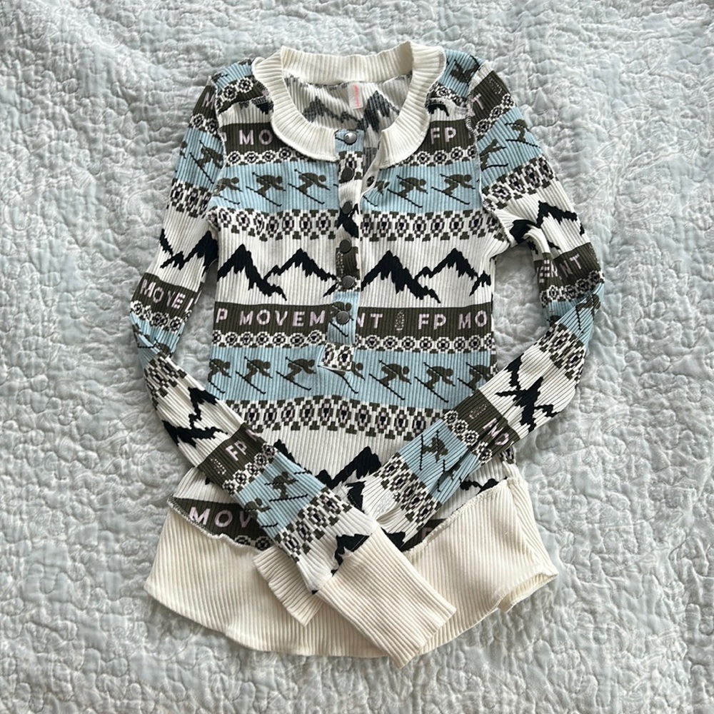 FP Movement by Free People Blue and White Patterned Sweater
